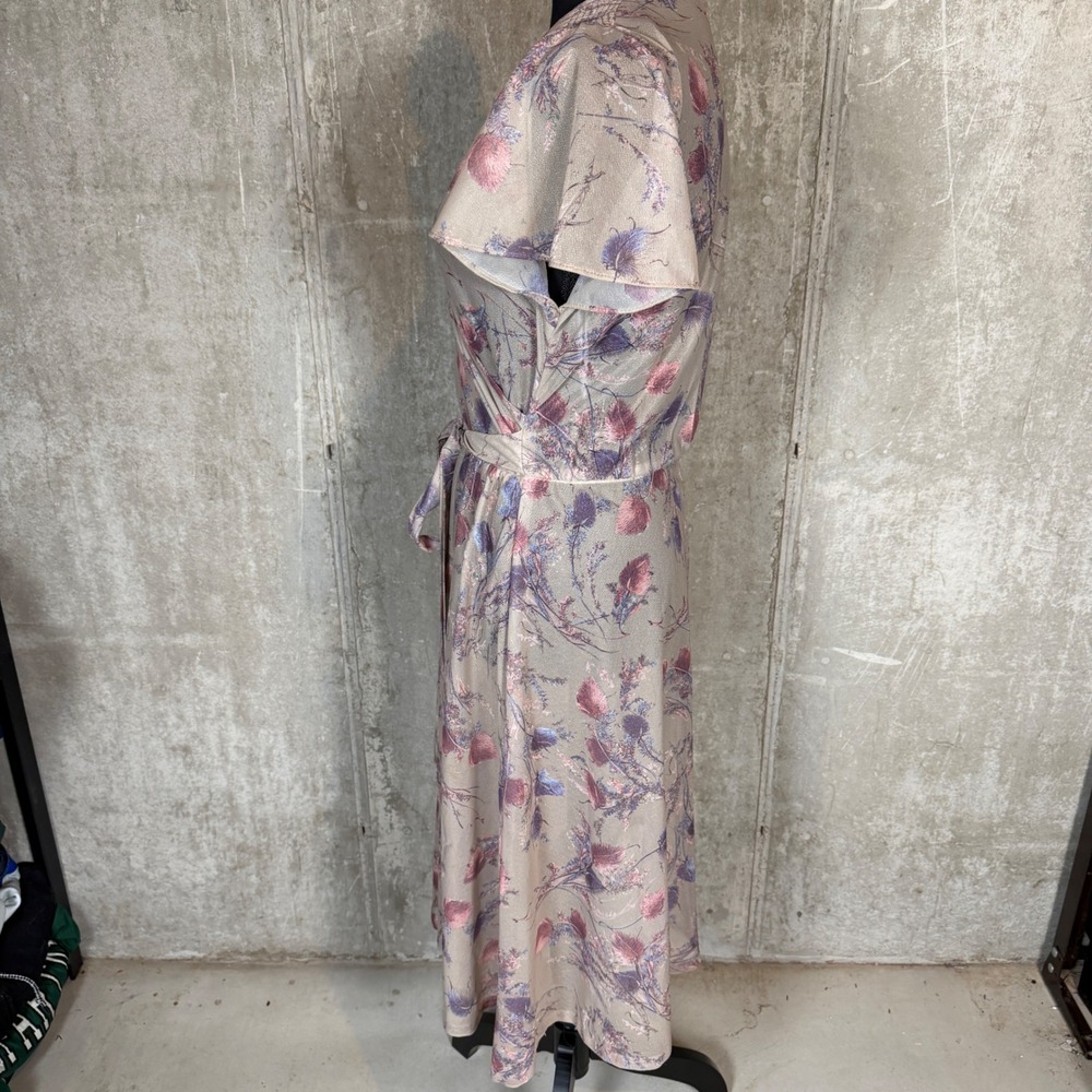 60s 70s Phase II California Vintage Floral Wrap Mauve Purple Thistle Midi Dress - Picture 3 of 7